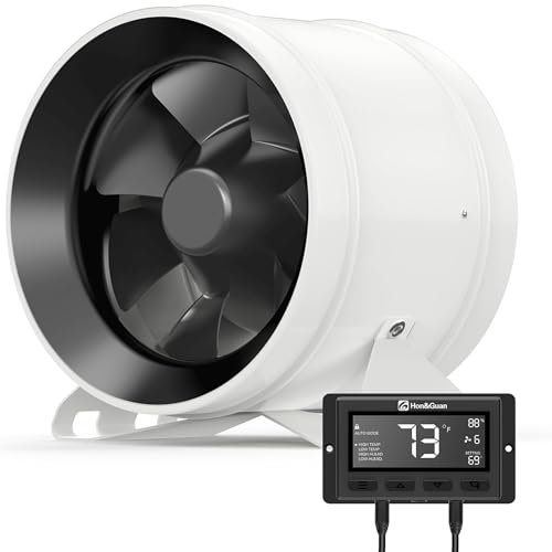 Hon&Guan ダクトファン 200mm 強力 1411m³/h【インボイス制度登録店】中間取付型 金属型 ダクト用 換気扇 スマートコントローラー付き 温度湿度にて自動オンオフ 省エネ 静音 塗装ブース用 家焼肉 丸形タイプ 産業用換気扇 取扱説明書付 (HI-200PED,ホワイト)