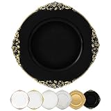 DaCakeWS Antique Black Gold Trim Charger Plates Set of 12, 13" Round Plastic Chargers for Dinner Pla