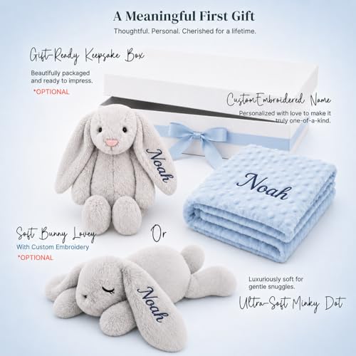 Image of Personalized Baby Blanket and Plush Bunny Set, Custom Baby Blankets and Rabbit with Name, Personalized 2 in 1 Gift Set for Boy Girl Toddlers, Minky Dot Swaddle, Gift Set for Showering, Birthday