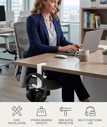 Image of Headphone Stand, Dual Hook Headphone Holder for Desk with Table Clamp, Under Desk Headset Stand Bag Hanger for Gaming and Office Setup, WhiteAlloy Construction