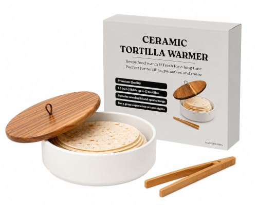 Ceramic Tortilla Warmer with Wooden Lid 7.5 Inch Tortillero Keeps Tortillas Warm Longer Ideal for Taco Nights Pancakes & Roti For Families & Mexican Food Lovers Roti Box Tortilla Holder