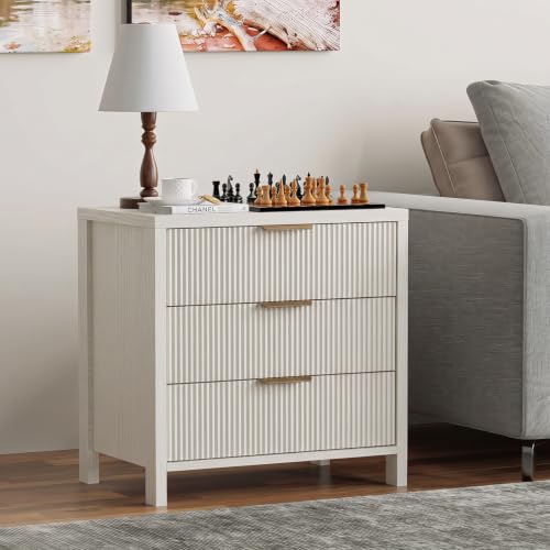 Image of Fluted Nightstand, 23.7'' Wide Night Stand with 3 Drawers, Mid-Century Modern Bedside Table with Handles, Wood End Table for Bedroom, White