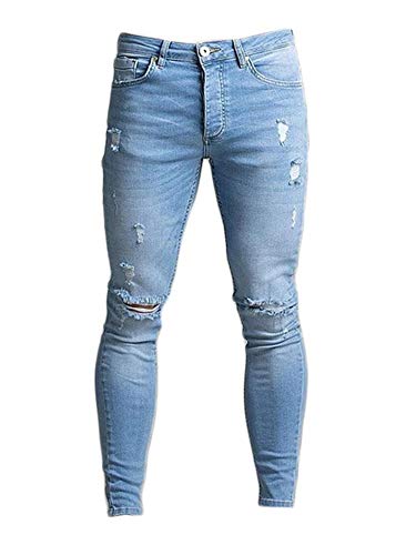 Andongnywell Men's Ripped Destroyed Holes Jeans Stretchy Knee Hole Denim Pants Straight Fit Zipper Jean