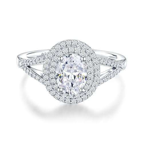 RANDES Oval Engagement Ring 925 Sterling Silver Cubic Zirconia CZ Halo Rings April Birthstone Rings...