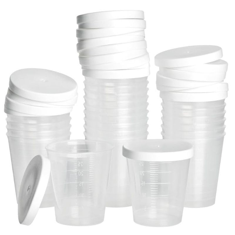 50 Mini-Becher mit Deckel · 30ml mit Mengenskala · Schnapsgläser · Medikamentenbecher · Mischbecher · Dosierhilfe · Sortierbecher
