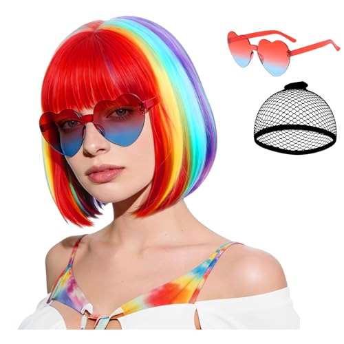 Colored Bob Wig Straight Hair with Heart Sunglasses Hair Cap Short Rainbow Wig with Flat Bangs for Women Daily Bachelorette Halloween Costume Party Decorations Realistic (Red Yellow Blue Purple)