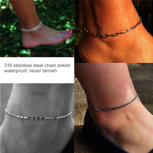 Gold Anklet for Women Men, 14K White Gold Plated Stainless Steel Anklets Set for Women, Waterproof Cuban Figaro Rope Paperclip Beaded Snake Mariner Chain Ankle Bracelet3