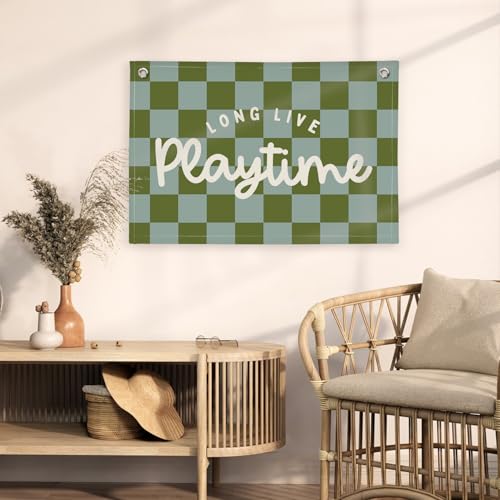 Image of Playroom Decor Long Live Playtime Banner, Green And Blue Checkered Pattern Banner Linen Hanging Banner Flag for Nursery Toddler Room, Boys Girls Kids Room Decor,Classroom Decorations 30x20