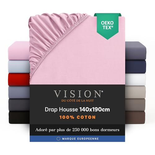 Vision Drap Housse - 100% Coton Lit Double (140x190cm) - Rose | Coins Élastiqués | Tissage...