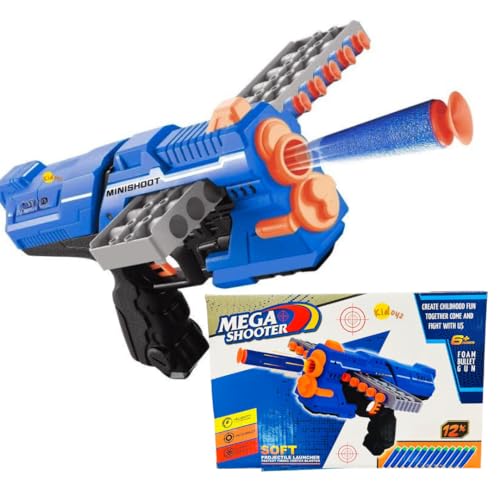 Image of Kidoyz Mega Shooter Foam Dart Gun for Kids with 12 Soft Bullets | Manual Blaster Toy with 12-Dart Continuous Rapid Fire | Safe Shooting Game for Boys & Girls 6 7 8 10 Years | Birthday Gift (Blue)