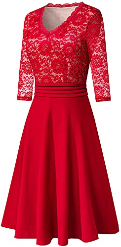 Image of HOMEYEE Women's Chic V-Neck Lace Patchwork Flare Party Dress A062