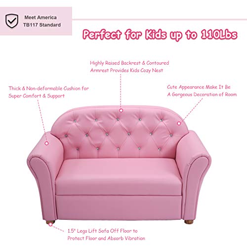 Costzon Kids Sofa, Pu Leather Upholstered, Sturdy Wood Construction, Armrest Chair For Preschool Children Sofas, 37''X17''X22.5'' (Lxwxh), 37-Inch Pink Couch #TOP5