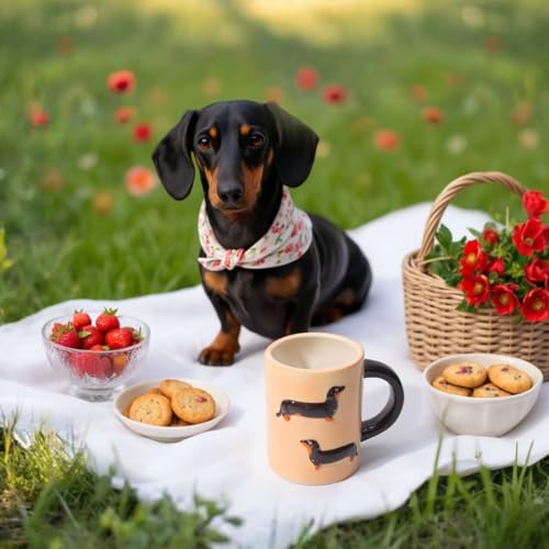Textured Dachshund Coffee Mug, 16oz Ceramic Cup with 3D Relief Design, Beige with Black Handle Gift for Dog Lovers