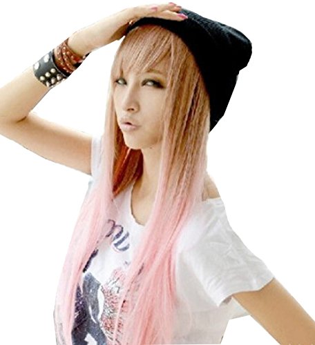 25" Girl's Long Straight Hair Extensions Brown to Pink Synthetic Hair Cosplay Wig+ Wig Cap