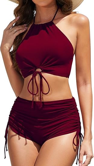 dream x fashion Stylish High-Waist Bikini Set with Halter Top and Ruched Detailing - Bikini Set Woman-picture-23