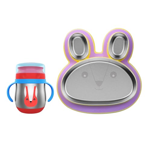 Image of rabitat Happy Tummy Combo Stainless Steel 360 Training Cup Bunny Boo 390ml and Hoppy Playte Purple 430ml 3-Sectional Plate for Toddlers & Kids |2 Year Brand Warranty