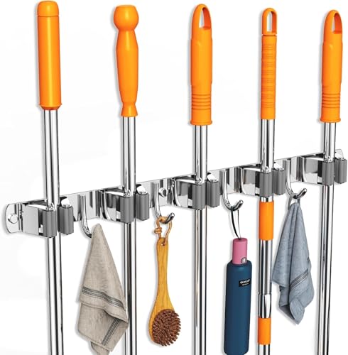 Image of Niwlix 5 Slot & 4 Hook Stainless Steel Mop and Broom Holder Wall Mount, Anti Slip Heavy Duty Waterproof Broom Hanger Stand Organizer Tool for Kitchen Home Garden Bathroom Garage