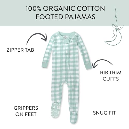 HonestBaby Non-Slip Footed Pajamas One-piece Sleeper Zip-Front Pjs 100% Organic Cotton for Baby Boys, Green Check, 12 Months by HonestBaby - Used condition - Image 3