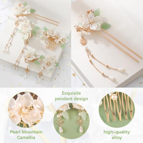 Image of MAYCREATE 5Pcs Camellia Flower Tassels Hair Pin Crystal Rhinestone Pearl Headpiece Retro Brides Hair Accessories for Women Girls Updo Long