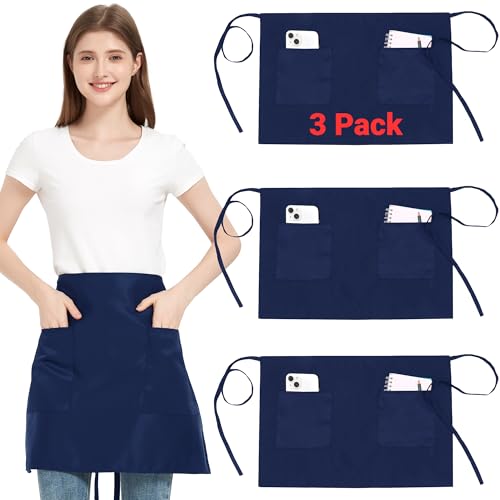 FunChaos 3 Pièces Tablier de Taille avec 3 Poches et Sangle Réglable, Imperméable Tabliers de Cuisine Bleu pour Femme et Homme, Court Tablier Pour Serveurs...