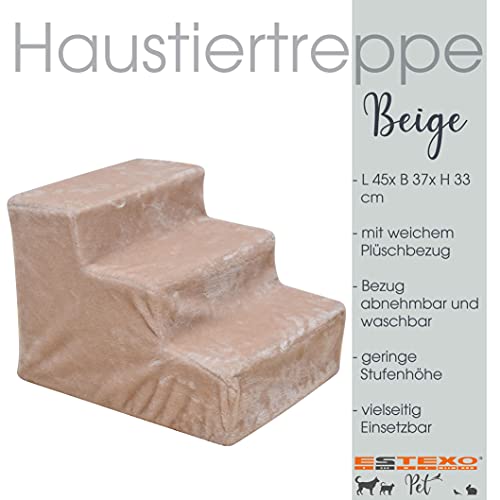 ESTEXO Hundetreppe Katzentreppe Haustiertreppe Tiertreppe Treppenstufen Plüschbezug Einstieghilfe 3 Stufen Beige