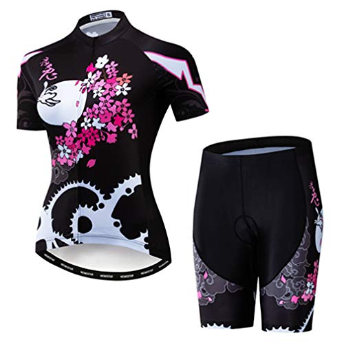 WeimoMonkey Women's Short Sleeve Cycling Jersey Quick Dry MTB Clothing Bike Top + 3D Shorts Set Flower Black XL