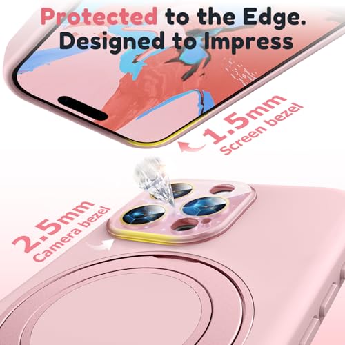 Image of Silicone 360 Spin Magnetic Stand Case for iPhone 16 Pro Max, [Compatible with Mag-Safe][Reinforced Hard Camera Protection] Liquid Silicone Rubber Phone Cover with Ring, Camera Button, Pink