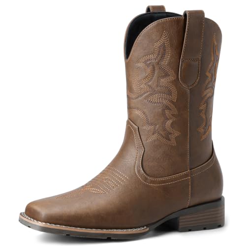 Image of Suokdil Cowboy Boots for Men - Men's Western Boots with Embroidery, Slip Resistant Square Toe Chunky Heel, Durable and Fashionable Retro Classic Footwear for Spring and Fall