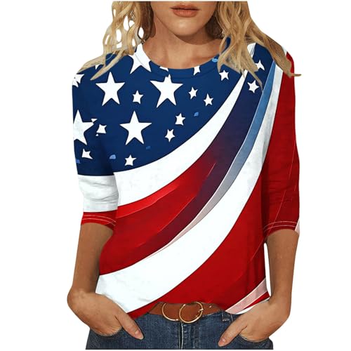 Image of Fourth of July Shirts for Women 3 /4 Sleeve Summer Tops American Flag Print T Shirt Patriotic 4th of July Shirts 2025