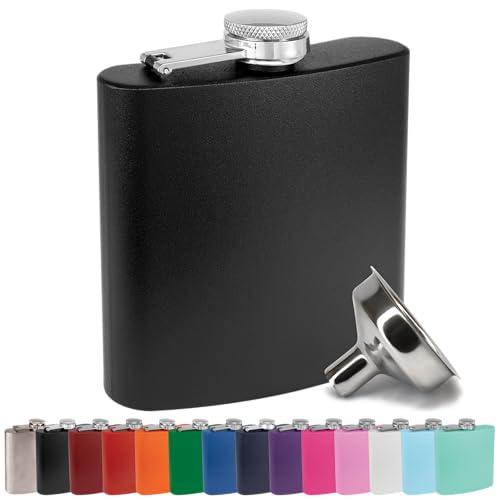 6 oz Stainless Steel Hip Flask w/Flask Funnel for Men & Women - Powder Coated Hip Flask Gift Sets, Groomsmen, Bridesmaids, Wedding Party Whiskey Flask for Liquor, Clear Water Home Goods, Matte Black