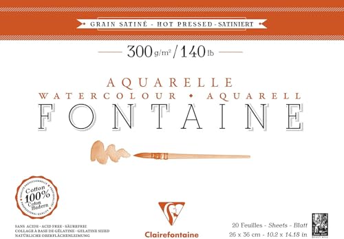 Clairefontaine - Ref 96345C - Fontaine Hot Pressed Watercolour Glued Pad (20 Sheets) - 26 x 36cm Size, 300gsm Paper - Suitable for Watercolour Artwork