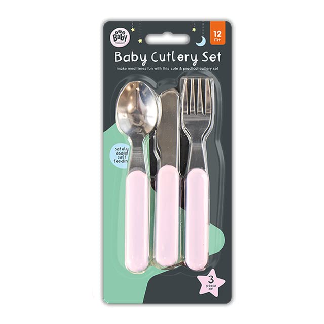 The Home Fusion Company Ensemble de 3 couverts pour bébé avec couteau, fourchette, cuillère et cuillère - Bleu, rose ou blanc - 12 mois et plus