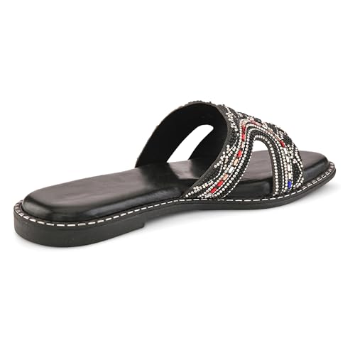 Image of Centrino Women's Beaded Flat Sandals | Stylish Gold Crystal Slip-On with Ornate Cutout Design | Soft Cushioned Footbed |Elegant & Trendy Open Toe Slip-On | Luxury Footwear for Wedding /Party (9301)