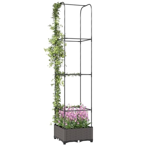 Image of Outsunny Raised Garden Bed with Trellis, Self Watering Plastic Planter Box with Drainage Holes, Drain Plugs and Water Reservoirs for Climbing Plants, Vegetables, Flowers, 40 x 40 x 179 cm, Black
