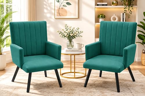 Image of Rosebell Modern Velvet Office Chairs Set of 2 with Armrests & Metal Legs | Upholstered High Back Leisure Chairs for Living Room, Bedroom, Office, Cafe & Dining Room | Green