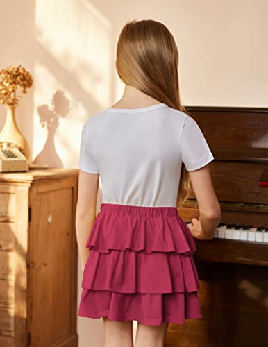 Arshiner Girls Skirts Kids Casual Mini Elastic Waist Flared Solid 3-Layer Ruffle Tutu Skirt Red 8-9 Years #TOP2