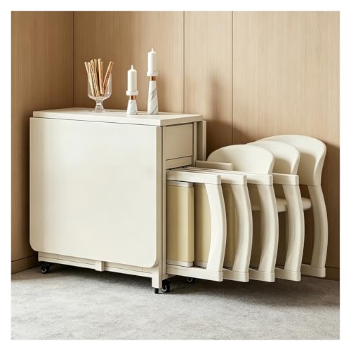 Genérico Mesa Comedor Plegable con Cajones De Almacenamiento,Mesa De Alas Abatibles Extensible sobre Ruedas Y 4 Sillas Fáciles De Guardar Debajo De La Mesa-1.4m(White)