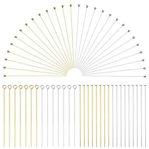 SOFPLATE 1 Box 600Pcs 6 Styles Silver Flat Head Pins Craft Jewelry Pins 5cm Brass Gold Eye Small Round Ball Headpins Findings Accessories for Jewelry Making Earring Charm Bracelet Supplies DIY Craft