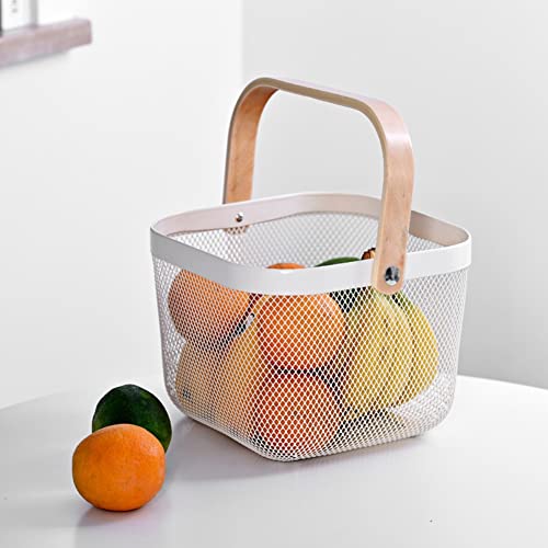 Image of Metal Basket Storage Organizer, Multi-functional Basket with Bamboo Handle for Home Kitchen Picnic Shopping Decor (White)