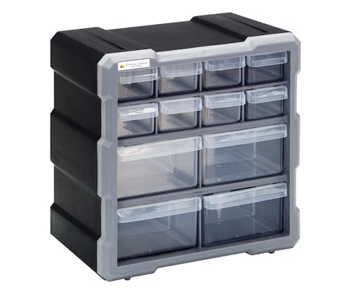 Quantum Storage PDC-12BK Clear Plastic Parts Storage Hardware and Craft Drawer Cabinet, 12 Drawers