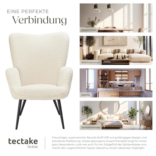 tectake® Skandinavischer Stil Ohrensessel, Teddy Sessel Hygge, Bouclé Sessel Wohnzimmer, Schlafzimmer, Statement Piece Loungesessel, belastbar bis 150 kg
