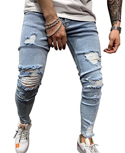 ebossy Mens Ripped Destroyed Jean Ditressed Slim Tapered Leg Washed Denim Pants