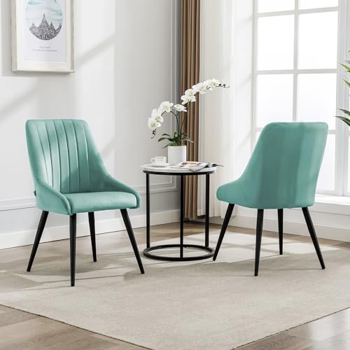Image of Finch Fox Morris Velvet Dining Chair for Living Room, Bedroom, Home Office with Black Metal Legs in Pista Color