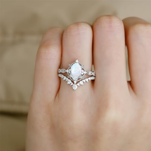 1.5ct Oval Opal Engagement Rings for Women Genuine Opal Rings Set 925 Sterling Silver 2pcs Vintage Inspired V Shaped Wedding Band Anniversary Promise Ring4
