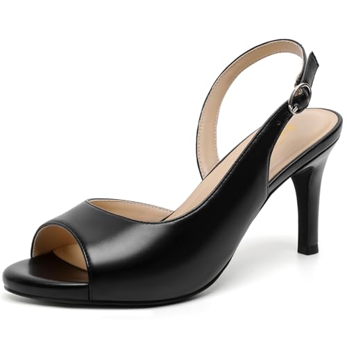 Image of RIBONGZ Block Heels for Women Closed Pointed Toe Heeled Slingback Chunky High Heel Ankle Strap Pumps Patent Leather Comfort Dressy Shoes for Work Party Prom Wedding Bridal Dress