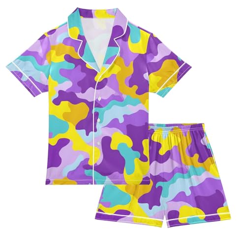 Satin Pajamas Summer 2 Piece Loungewear Casual Camo Sleepwear Silk Pj Set for 5-14 Years