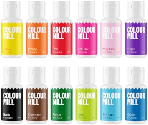 Colour Mill Oil Blend Food Colouring Set Kickstarter - Next Generation Food Colours: Yellow, Orange, Red, Hot Pink, Baby Pink, Purple, Blac, Chocolate, Forest, Lime, Sky Blue, Royal - Set 12 x 20 ml