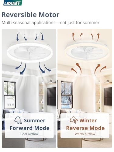 Image of LEDIARY Ceiling Fans with Lights, 23 inch Low Profile Flush Mount Ceiling Fan, Dimmable LED, APP & Remote Control, Quiet Reversible DC Motor, 6 Speeds, Fandelier for Bedroom, White