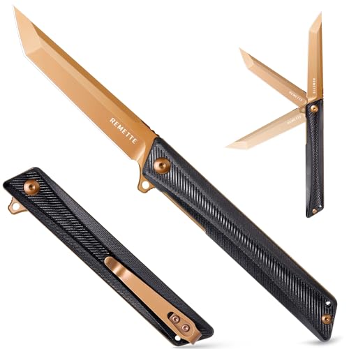 REMETTE GD22K Folding Pocket Knife, 3.6" D2 Steel Tanto Blade, G10 Handle