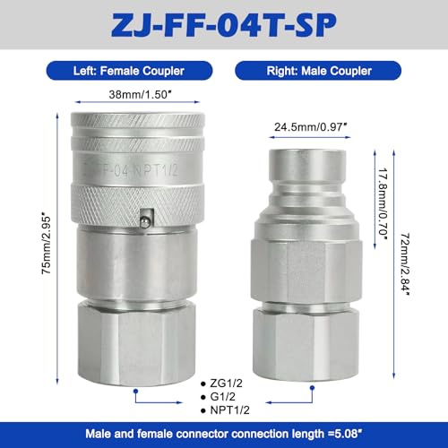 Image of 1 /2 inch Body & 1 /2 inch NPT Hydraulic Quick Connect Fittings Thread Set, Flat Face Hydraulic Couplers with Dust Caps, High Flow Skid Steer ISO 16028 Hydraulic Fittings